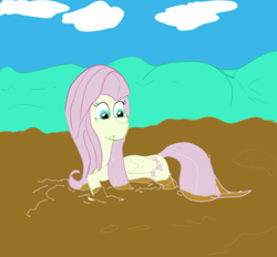 Size: 630x584 | Tagged: safe, artist:zero, fluttershy, pegasus, pony, colored, folded wings, mud, quicksand, solo, trapped