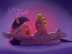 Size: 1280x960 | Tagged: safe, artist:imsokyo, derpibooru import, spike, twilight sparkle, dragon, daily life of spike, eyes closed, laughing, open mouth, tickling, tumblr