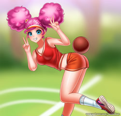 Size: 942x900 | Tagged: safe, artist:racoonsan, pinkie pie, human, buckball season, alternate hairstyle, armpits, ass, ball, balloonbutt, belly button, bend over, bent over, blue eyes, breasts, buckball, buckball uniform, butt bump, butt smash, clothes, cute, diapinkes, female, grin, gym shorts, happy, headband, humanized, leg lifted, legs, looking at you, midriff, object on ass, outdoors, peace sign, pinkie pies, pinktails pie, raised leg, shoes, shorts, smiling, sneakers, socks, solo, sports shorts, tanktop, thighs