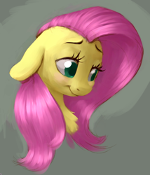 Size: 722x844 | Tagged: safe, artist:chef j, fluttershy, pegasus, pony, blushing, bust, floppy ears, looking away, portrait, simple background, smiling, solo