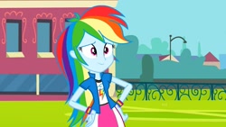 Size: 1280x720 | Tagged: safe, derpibooru import, screencap, rainbow dash, equestria girls, equestria girls (movie), clothes, long hair, skirt, solo, wristband