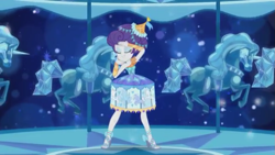 Size: 853x480 | Tagged: safe, screencap, rarity, better together, equestria girls, the other side, carousel, carousel dress, clothes, dress, eyes closed, feet, high heels, music video, pose, ribbon, sandals, shoes, stylish, toes