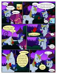 Size: 612x792 | Tagged: safe, artist:newbiespud, derpibooru import, edit, edited screencap, screencap, applejack, prince blueblood, rainbow dash, rarity, earth pony, pegasus, pony, unicorn, comic:friendship is dragons, the best night ever, clothes, comic, dialogue, disgusted, dress, eyes closed, female, flower in mouth, freckles, gala dress, hat, jewelry, male, mare, night, rose, rose in mouth, screencap comic, smiling, smirk, stallion, stars, tiara, tree