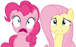 Size: 4678x2903 | Tagged: safe, artist:sketchmcreations, fluttershy, pinkie pie, earth pony, pegasus, pony, buckball season, lip bite, open mouth, scared, simple background, transparent background, vector