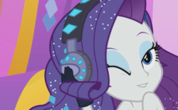 Size: 1161x720 | Tagged: safe, screencap, rarity, better together, equestria girls, the other side, bare shoulders, beautiful, female, headphones, looking at you, one eye closed, wink