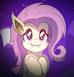 Size: 1698x1756 | Tagged: safe, artist:drawponies, fluttershy, bat pony, pony, cute, fangs, flutterbat, full moon, looking at you, night sky, shyabetes, solo, stars