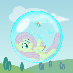 Size: 2500x2500 | Tagged: safe, artist:bladedragoon7575, fluttershy, pegasus, pony, bubble, bubble blower, cute, floating, in bubble, shyabetes, solo