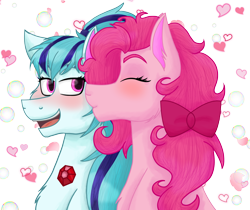 Size: 4736x3983 | Tagged: safe, artist:cornerverse, pinkie pie, sonata dusk, earth pony, pony, absurd resolution, blushing, eyes closed, female, kiss on the cheek, kissing, lesbian, mare, pinata (ship), shipping