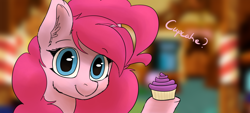 Size: 5000x2262 | Tagged: safe, artist:happygnarwal, pinkie pie, earth pony, pony, cupcake, food, solo