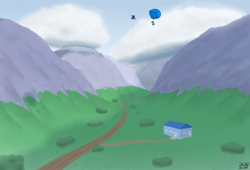 Size: 3600x2455 | Tagged: safe, artist:the-furry-railfan, oc, oc only, oc:gustriana, oc:interrobang, oc:linework, earth pony, griffon, pony, bush, cloud, dirt road, flying, helium tank, hose, house, inflation, mountain, mountain range, scenery, valley