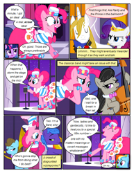 Size: 612x792 | Tagged: safe, artist:newbiespud, derpibooru import, edit, edited screencap, screencap, beauty brass, octavia melody, parish nandermane, pinkie pie, prince blueblood, rainbow dash, rarity, twilight sparkle, unicorn twilight, earth pony, pegasus, pony, unicorn, comic:friendship is dragons, the best night ever, background pony, bipedal, bowtie, cello, clothes, comic, dialogue, dress, eyes closed, female, flower, frown, gala dress, grin, hat, hooves, horn, male, mare, microphone, musical instrument, rose, screencap comic, smiling, stallion, unamused, whispering, worried