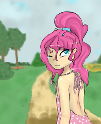 Size: 1252x1545 | Tagged: safe, artist:jonathan the awesome, derpibooru exclusive, pinkie pie, human, clothes, crying, dress, hairband, humanized, looking back, road, solo, tree