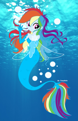 Size: 2335x3607 | Tagged: safe, artist:iamsheila, artist:liaaqila, derpibooru import, rainbow dash, mermaid, equestria girls, my little pony: the movie, bubble, digital art, digitalized, female, fin wings, fins, gift art, looking at you, looking back, looking back at you, mermaidized, ocean, real life background, smiling, solo, species swap, underwater, wings