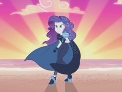 Size: 960x720 | Tagged: safe, screencap, rarity, better together, equestria girls, the other side, beach, cape, clothes, cropped, female, high heels, pauldron, shoes, smiling, sunset