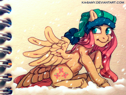 Size: 1000x755 | Tagged: safe, artist:ka-samy, fluttershy, pegasus, pony, hat, sitting, snow, snowfall, solo, spread wings, traditional art, unshorn fetlocks