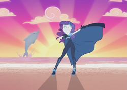 Size: 1017x720 | Tagged: safe, screencap, rarity, dolphin, better together, equestria girls, the other side, beach, cape, clothes, eyes closed, female, gloves, high heels, pauldron, shoes, smiling, sunset