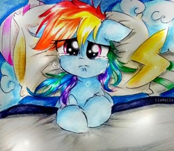 Size: 2672x2322 | Tagged: safe, artist:liaaqila, derpibooru import, rainbow dash, pegasus, pony, bed, blanket, crying, female, mare, pillow, sad, solo, traditional art