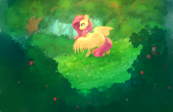 Size: 2461x1597 | Tagged: safe, artist:nightskrill, fluttershy, pegasus, pony, berries, clearing, crepuscular rays, forest, looking at something, solo, spread wings, standing