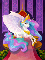 Size: 3244x4324 | Tagged: safe, artist:skyaircobra, princess celestia, alicorn, pony, zebra, zebracorn, female, mare, prone, race swap, smiling, solo, species swap, throne, zebra alicorn, zebrafied