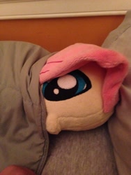 Size: 2448x3264 | Tagged: artist needed, safe, fluttershy, bed, cute, irl, nom, photo, plushie, shyabetes