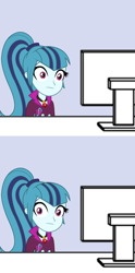 Size: 1000x2016 | Tagged: safe, sonata dusk, equestria girls, :, comic, computer, desk, disturbed, female, i've seen some shit, reaction image, solo, stare, starenata, thousand yard stare, wide eyes