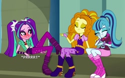 Size: 846x528 | Tagged: safe, artist:thedarkpony, edit, edited screencap, screencap, adagio dazzle, aria blaze, sonata dusk, human, blushing, embarrassed, fart, fart edit, fart noise, onomatopoeia, sound effects