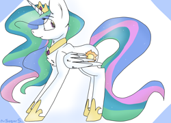 Size: 1200x866 | Tagged: safe, artist:generalfreyma, princess celestia, alicorn, pony, abstract background, clothes, crown, female, jewelry, looking back, mare, peytral, regalia, shoes, signature, simple background, solo, standing