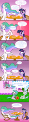 Size: 1138x4773 | Tagged: safe, artist:banebuster, aura (character), cotton cloudy, princess celestia, twilight sparkle, twilight sparkle (alicorn), alicorn, pony, angry, ball, canterlot, comic, cookie, cup, dialogue, female, filly, flower, foal, food, furious, gradient background, grass, grumpy, lawn, missing accessory, offended, old, pouting, rocking chair, senior, sitting, table, tea, teacher and student, teacup, teapot, window, wrinkles, yelling