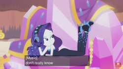 Size: 1334x750 | Tagged: safe, screencap, rarity, better together, equestria girls, the other side, ass, bare shoulders, bodysuit, boots, butt, female, headphones, high heel boots, high heels, legs, looking back, rearity, shoes, solo, subtitles