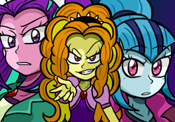 Size: 2000x1389 | Tagged: safe, artist:kira-vera, adagio dazzle, aria blaze, sonata dusk, equestria girls, evil grin, frown, grin, group photo, looking at you, smiling, the dazzlings