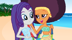 Size: 1024x576 | Tagged: safe, artist:cookiechans2, artist:ktd1993, rarity, saffron masala, equestria girls, afro, beach, clothes, equestria girls-ified, female, lesbian, raffron, shipping, swimsuit