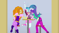 Size: 5700x3206 | Tagged: safe, artist:epsilontlosdark4, artist:manic-the-lad, adagio dazzle, aria blaze, sonata dusk, equestria girls, arm wrestling, cheering, purple grump, sitting, smug, stool, sweat, sweatdrop, table, the dazzlings, trio, vector