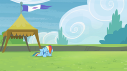 Size: 1920x1080 | Tagged: safe, derpibooru import, screencap, rainbow dash, pegasus, pony, rainbow falls, eyes closed, flag, floppy ears, sad