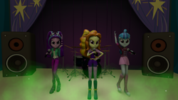 Size: 7680x4320 | Tagged: safe, artist:syncedsart, adagio dazzle, aria blaze, sonata dusk, equestria girls, rainbow rocks, 3d, absurd resolution, drum kit, drums, microphone, musical instrument, source filmmaker, stereo, the dazzlings, under our spell