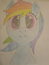 Size: 1000x1333 | Tagged: safe, artist:notawriteranon, derpibooru import, rainbow dash, pegasus, pony, /mlp/, bust, colored pencil drawing, portrait, simple background, traditional art