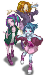 Size: 606x1000 | Tagged: safe, artist:ddd1983, adagio dazzle, aria blaze, sonata dusk, equestria girls, adoragio, ariabetes, boots, clothes, cute, pigtails, ponytail, shoes, shorts, skirt, socks, sonatabetes, the dazzlings, younger