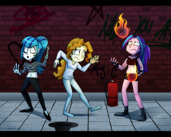 Size: 800x641 | Tagged: safe, artist:fj-c, adagio dazzle, aria blaze, sonata dusk, equestria girls, belly button, busking, clothes, fire, midriff, mime, short shirt, the dazzlings, this will not end well
