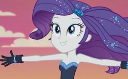 Size: 1165x720 | Tagged: safe, screencap, rarity, better together, equestria girls, the other side, arms spread out, bare shoulders, clothes, female, gloves, sleeveless, smiling, solo, strapless, windswept hair, windswept mane