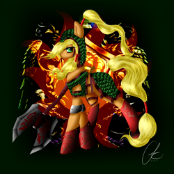 Size: 3600x3600 | Tagged: safe, artist:crazyaniknowit, applejack, earth pony, pony, armor, axe, battle axe, fanfic, hair tie, solo, tail wrap, warcraft, warrior, weapon, world of warcraft