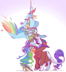 Size: 1164x1278 | Tagged: safe, artist:eqq_scremble, color edit, derpibooru import, edit, rainbow dash, rarity, classical unicorn, pegasus, pony, unicorn, blushing, clothes, cloven hooves, coat, colored, colored wings, detective rarity, female, hat, kissing, leonine tail, lesbian, mare, multicolored wings, rainbow wings, raridash, rope, shipping, tangled up, tied up, unshorn fetlocks, wings