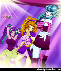 Size: 1739x2000 | Tagged: safe, artist:clouddg, adagio dazzle, aria blaze, sonata dusk, equestria girls, rainbow rocks, adagiazonga dazzle, aria bazookas, arm behind head, armpits, breasts, clothes, gem, group, looking at you, open mouth, rainbow rocks outfit, signature, siren gem, smiling, sonata bust, trio