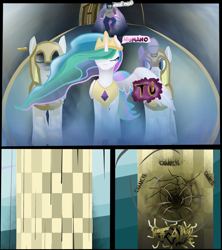 Size: 2560x2880 | Tagged: safe, artist:alltheworldbronyf, princess celestia, oc, alicorn, pony, comic:futuro adelanta'o, canterlot, canterlot castle, comic, crown, dialogue, disaster, eyes closed, horn, jewel, jewelry, regalia, royal guard, shadow, spanish, spread wings, wings