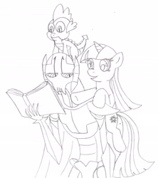 Size: 1960x2208 | Tagged: safe, artist:avispaneitor, derpibooru import, spike, twilight sparkle, dragon, crossover, general grievous, group, lined paper, monochrome, sketch, star wars, traditional art