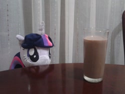 Size: 960x720 | Tagged: safe, artist:wolly, derpibooru import, twilight sparkle, chocolate milk, impending doom, irl, meme, milk, photo, plushie, pure unfiltered evil, soon, spill, spilled milk, this will end in tears