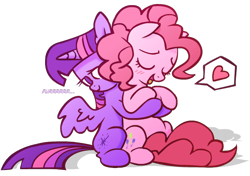 Size: 620x437 | Tagged: artist needed, source needed, safe, derpibooru import, pinkie pie, twilight sparkle, twilight sparkle (alicorn), alicorn, earth pony, pony, blushing, cuddling, female, heart, holding, hug, lesbian, mare, purring, shipping, snuggling, twinkie