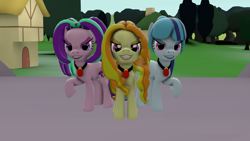 Size: 5120x2880 | Tagged: safe, artist:vamponylovers, adagio dazzle, aria blaze, sonata dusk, pony, 3d, high res, raised hoof, smiling, the dazzlings