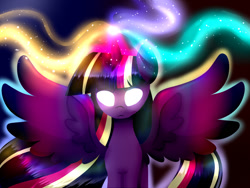 Size: 1024x768 | Tagged: safe, artist:le-poofe, derpibooru import, twilight sparkle, twilight sparkle (alicorn), alicorn, pony, twilight's kingdom, female, glowing eyes, glowing horn, mare, rainbow power, solo