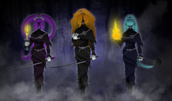 Size: 1300x762 | Tagged: safe, artist:crydius, adagio dazzle, aria blaze, sonata dusk, equestria girls, bloodborne, crossover, shadows of yharnam, story included, the dazzlings, weapon