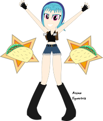 Size: 2000x2353 | Tagged: safe, artist:anime-equestria, sonata dusk, equestria girls, anime, black lagoon, boots, cheering, clothes, crossover, female, food, gloves, gun, handgun, holster, ponytail, revy, shoes, shorts, simple background, smiling, solo, taco, taco tuesday, tanktop, transparent background, voice actor joke, weapon