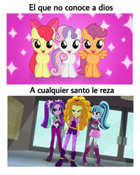 Size: 776x968 | Tagged: safe, artist:3d4d, screencap, adagio dazzle, apple bloom, aria blaze, scootaloo, sonata dusk, sweetie belle, equestria girls, cutie mark crusaders, god, religion, spanish, text, the dazzlings